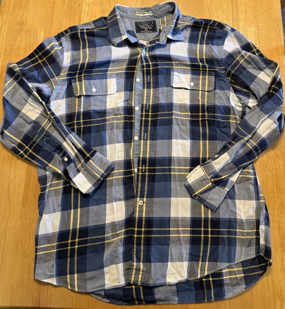 Nautica Mens XL Plaid Long Sleeve Button Shirt Blue Gray Yellow Sea Voyage